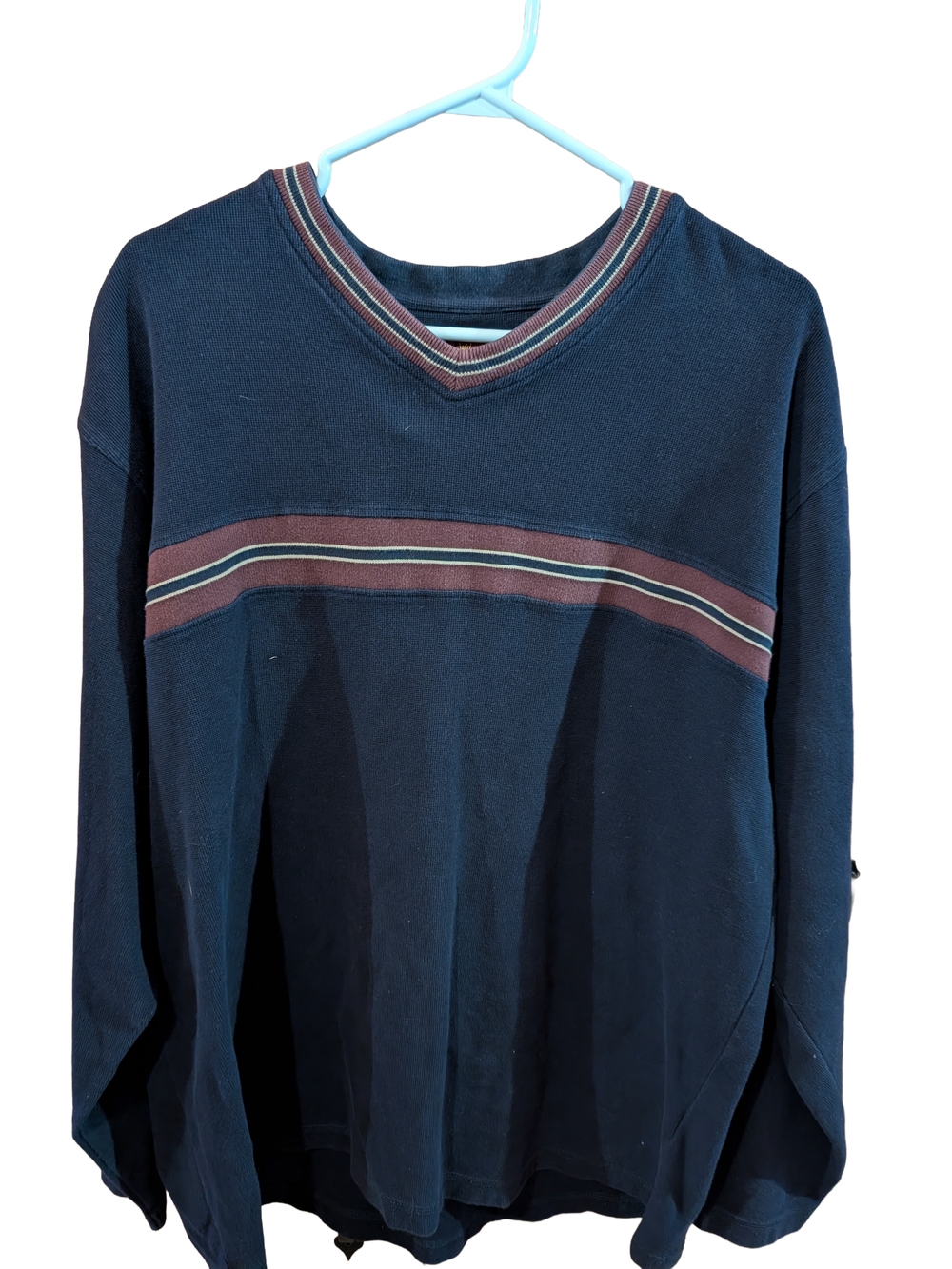 Men's Navy V-Neck Sweater with Striped Chest Detail